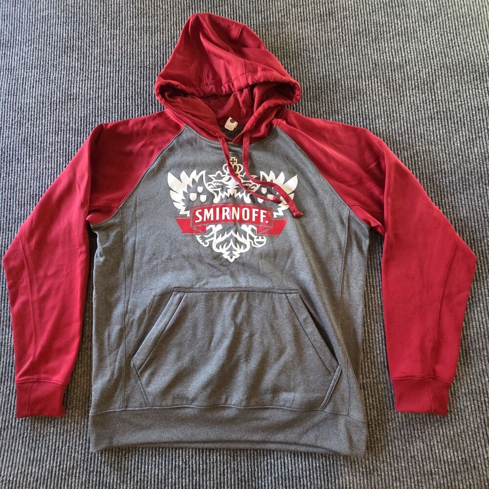 Smirnoff Vodka Hoodie Men’s L Gray / Red Hooded Sweatshirt Pullover Bar Swag